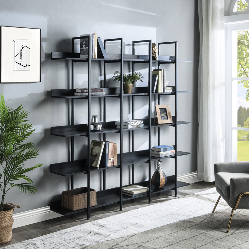 Bibliothèque à 5 niveaux avec look industriel rétro pour bureau personnel et acier, capacité de charge de 80 lb, dispositif de chute, capacité de bibliothèque ouverte facile à assembler par tablette, caractéristique