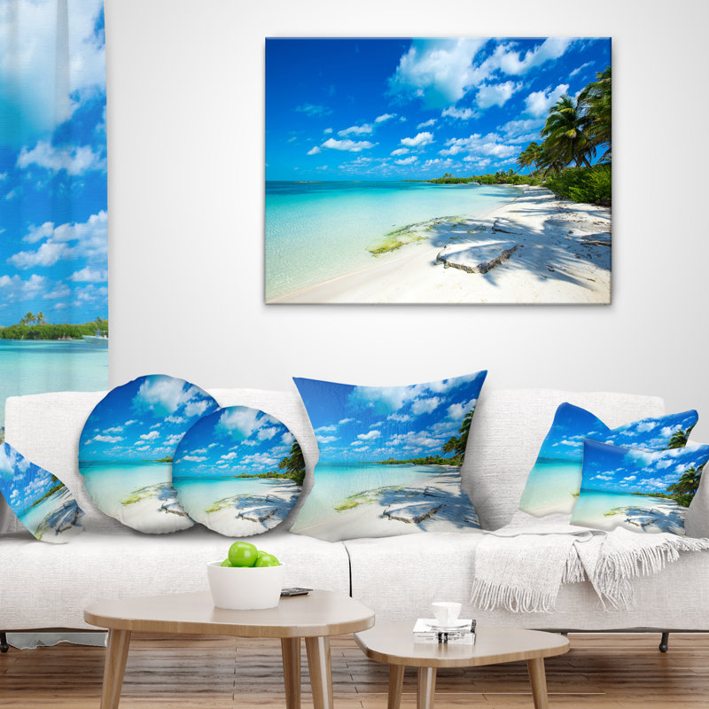 Coussin lombaire à plage tropicale avec palmier mer, Carrée 18 po x 18 po