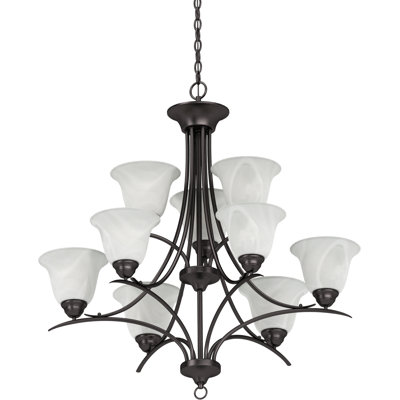  Whetsel 9-Light Indoor Antique Bronze Classic/Traditional Tiered Chandelier with Alabaster Glass Bell Shades