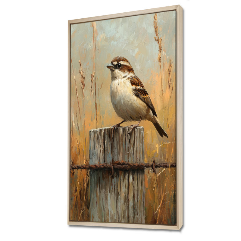 Oiseau moineau à la ferme II - art mural oiseau, H 60 po x l 28 po, Reproduction avec cadre flottant, Crème, crème