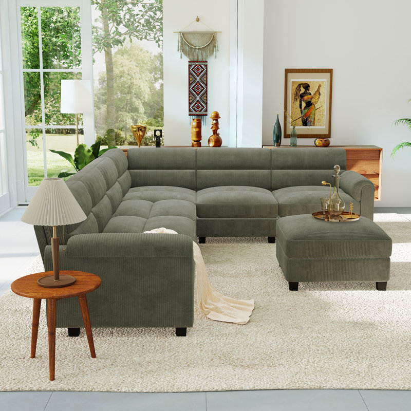 Dona Corduroy Upholstered Modular Sectional With Ottoman, Pillowtop Arm, 31.5" H x 114.9" W x 89" D