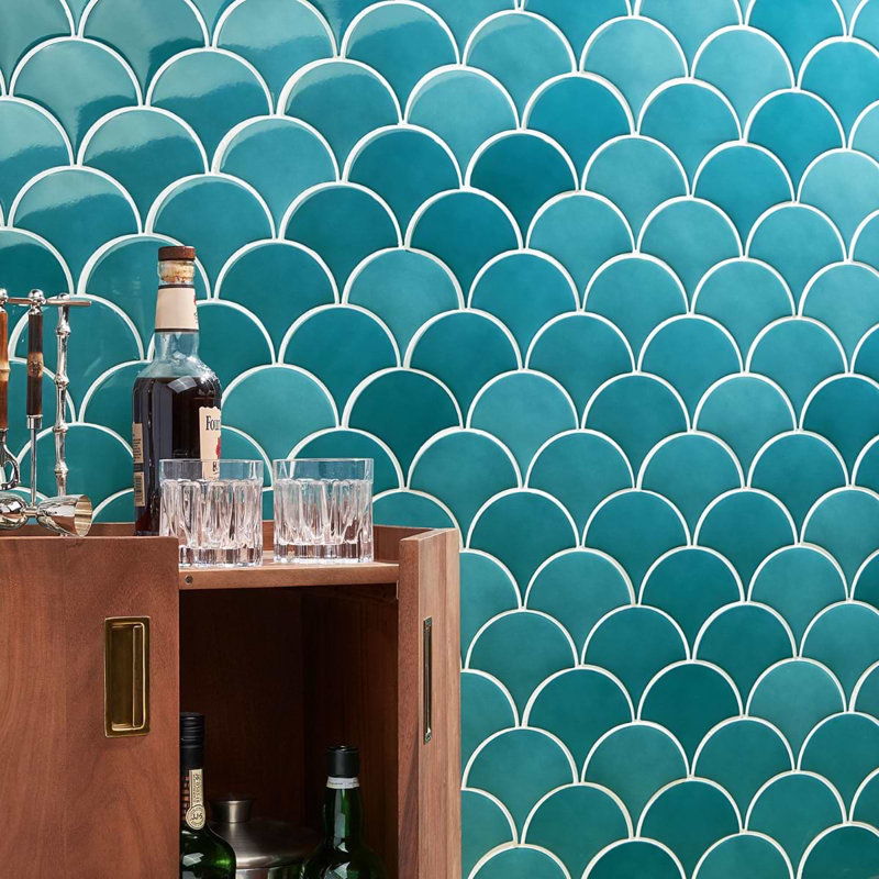 Highwater 5" Fish Scale Polished Ceramic Tile, Teal