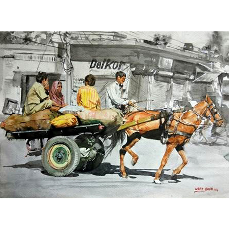 Chariot à cheval sur fond monochrome | Aquarelle sur papier