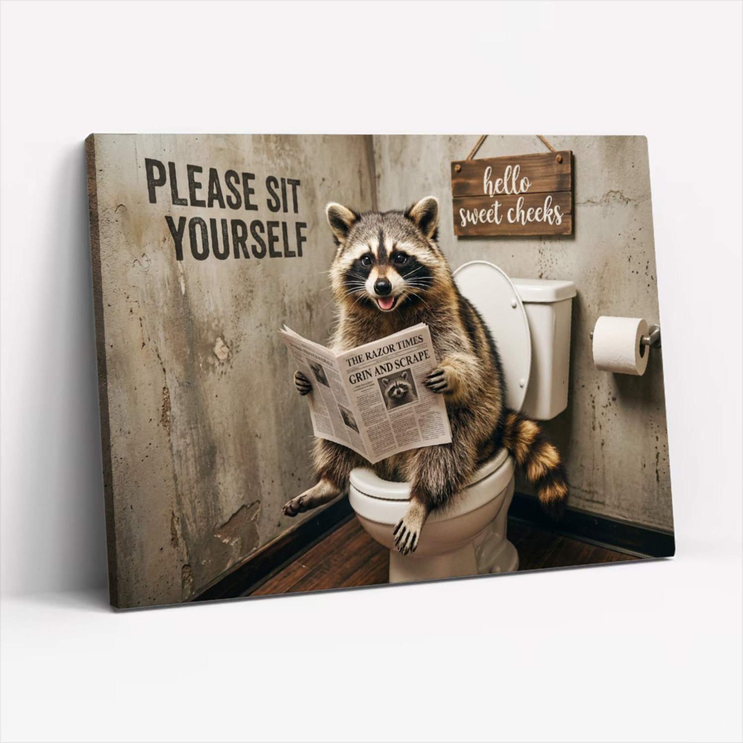 August Grove® Raccoon Reading Newspaper On Toilet Canvas Wrapped Wall ...