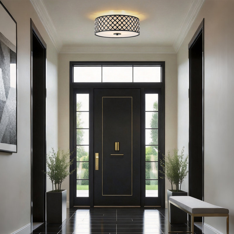 Farmhouse 3-Light Fabric Crystal Drum Cage Semi Flush Mount