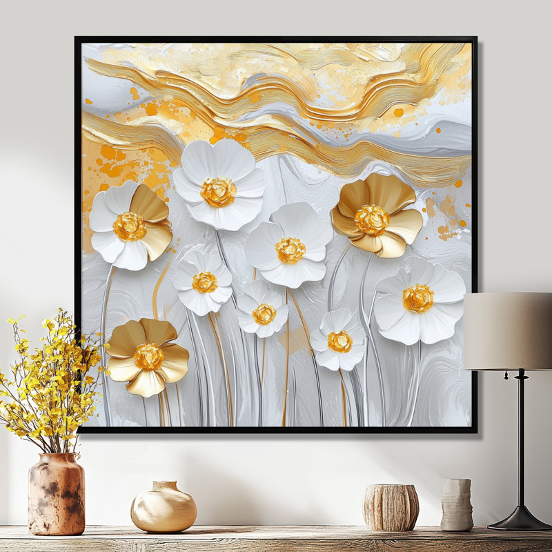 Glam Buttercups On Golden Geode - Art mural impression de renoncules, H 30 po x l 30 po, Reproduction avec cadre flottant