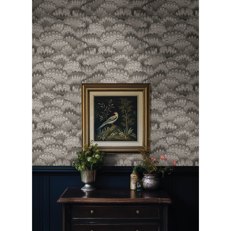 Octavia Dark Green Marbled Ink Wallpaper, Beige