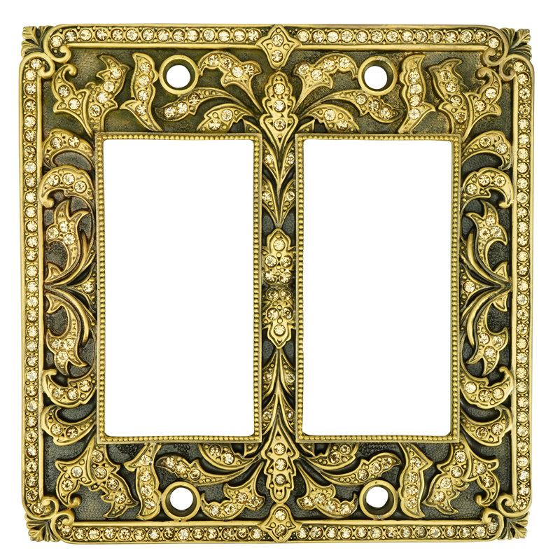 DOUBLE GFI LITE SWITCH COVER; LT. COLORADO TOPAZ DECORATED WITH SWAROVSKI CRYSTALS; IN FLORENTINE GOLD