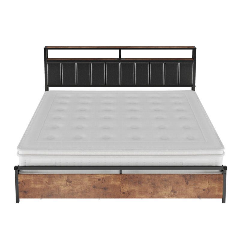 King Rustic Brown Metal Frame Upholstered Bed with Storage and LED