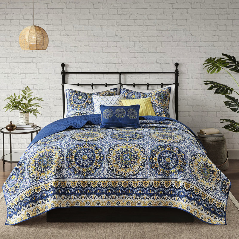 Courtepointe réversible avec coussins décoratifs - Motif médaillon lavable 100% microfibre lavable, Bleu