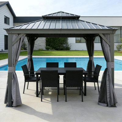 13X13ft Outdoor Gazebo, Hardtop Gazebo With Galvanized Steel Double Roof, Metal Gazebos With Drainage System Patio Pergola For Patio Deck Backyard,Curtain And Netting,Gray