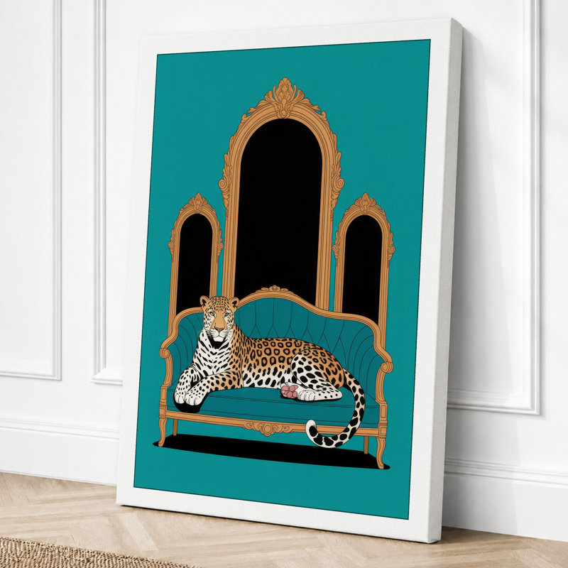 Leopard On Turquoise Bench Modern - Print, 30x20 - 76.2 x 50.8 cm, White Border