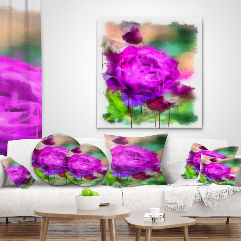 Mauve aquarelle rose - coussin à imprimé floral, 16 po x 1 po, Coussin décoratif