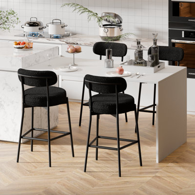Sherpa Counter Height Bar Stools Set of 3 Modern Upholstered Barstools with Curved Open Back/Round Seat Boucle Comfortable Bar Chairs for Kitchen Island, 24.6 Inch