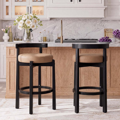 PU Counter Height Bar Stool Set of 4 with Wood Legs, Brown&Black