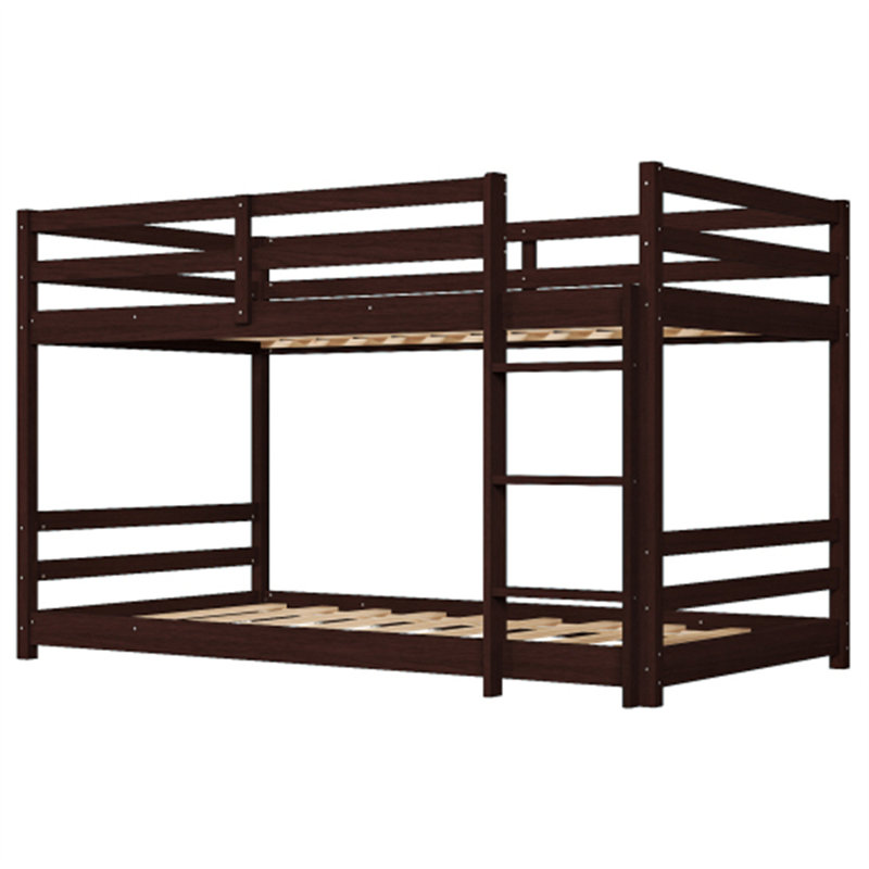 Kids Low Floor Bunk Bed Twin Over Twin With Guard Rails And Stairs, Brown