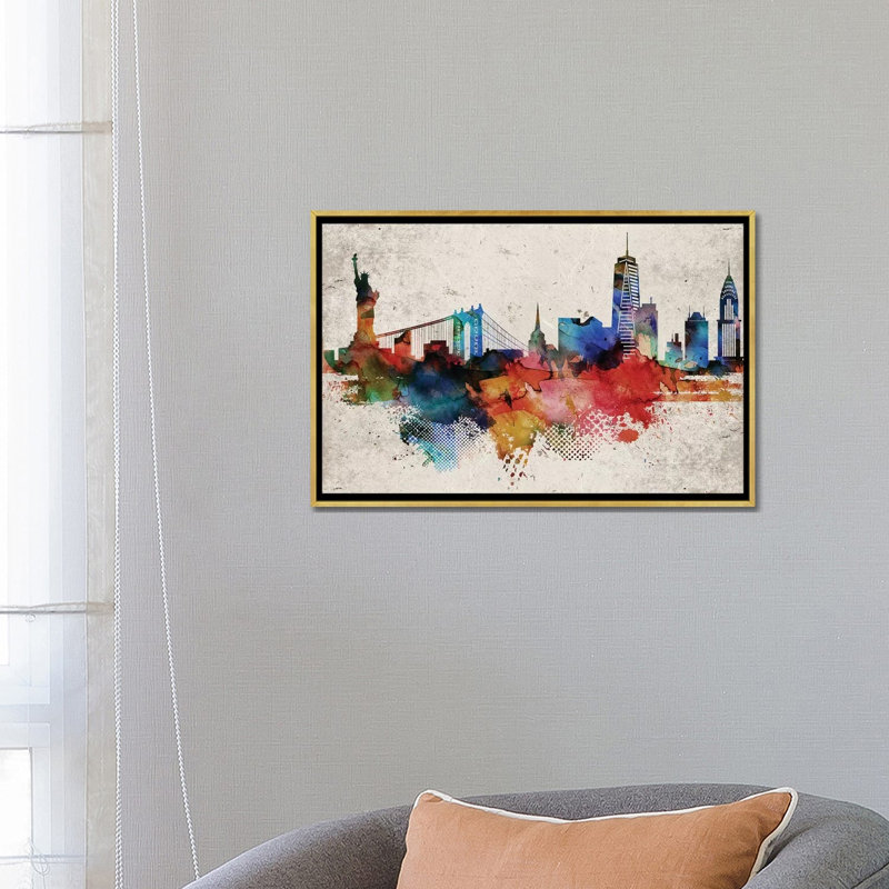 New York Abstract - impression d'art graphique, Aucun mat, Toile encadrée d'or, H 18 po x l 26 po x P 1,5 po