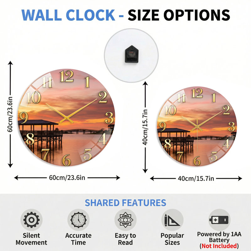 Horloge murale décorative en verre Sunset Dock, 40 x 40 cm (15,7 x 15,7 pouces)