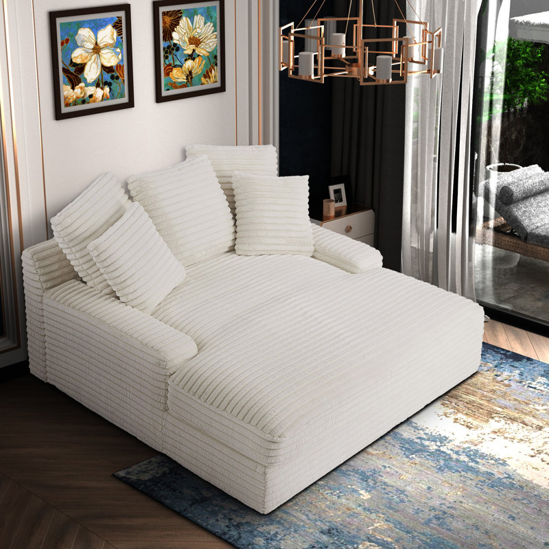 63.8" Oversized Upholstered Chaise Lounge Corduroy Sleeper Sofa with 5 Pillows, Beige