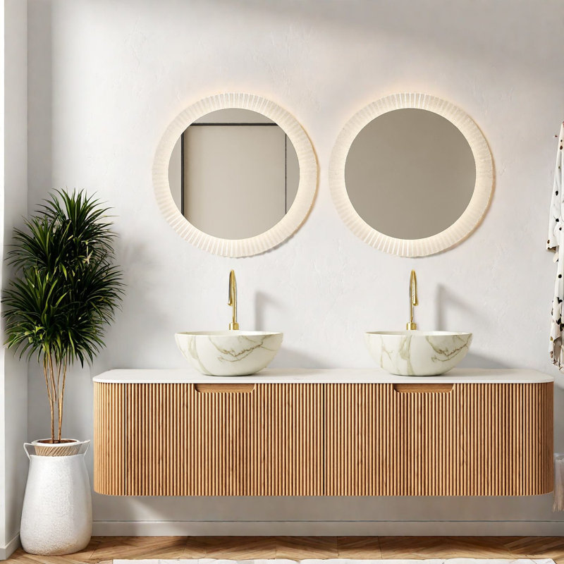 Meuble-lavabo moderne avec rangement, lavabos en céramique et plateau en pierre frittée