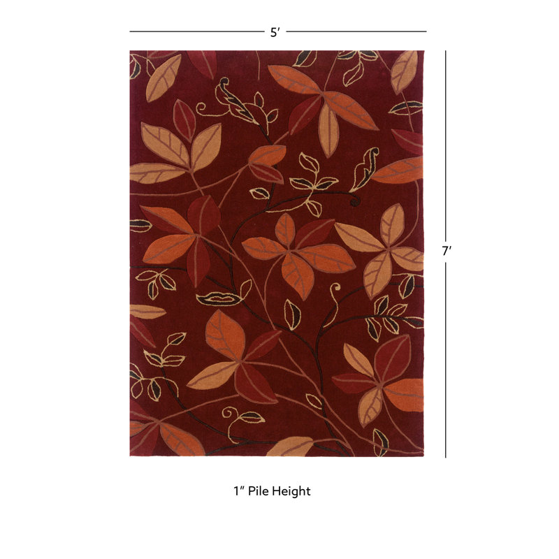 Fugen Floral Handmade Tufted Red/Brown Area Rug, Rectangle 5' x 7'