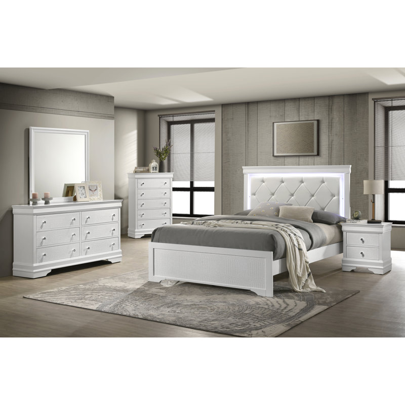 Lit double blanc avec revêtement confortable et tête de lit à DEL intégrée élégante et moderne, Blanc