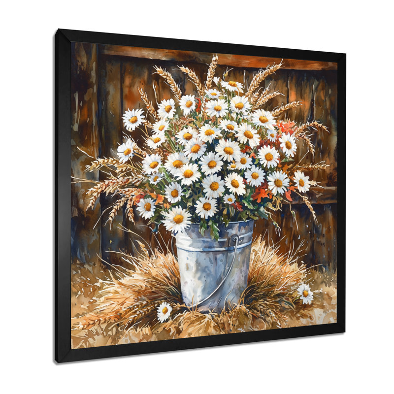 Donjae Summer Daisies Bouquet At The Farm II - marguerites, art mural, H 16 po x l 16 po, Picture Framed, Noir