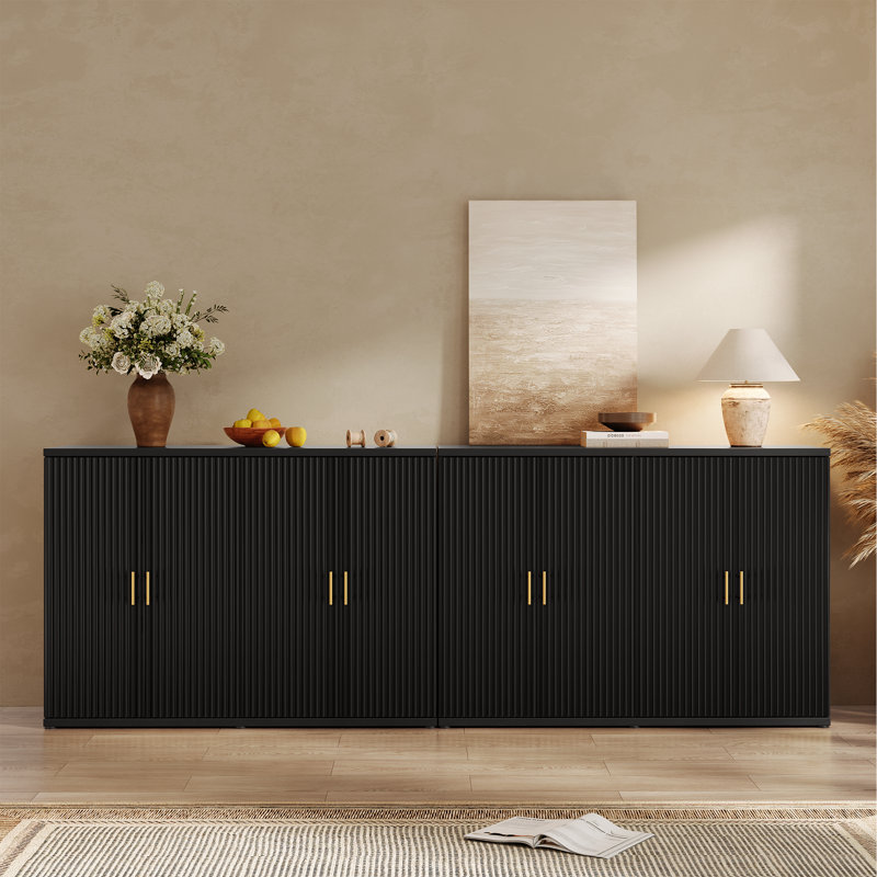  Buffet à panneaux cannelés de style moderne minimaliste de 47,3 po de largeur (ensemble de 2), Noir