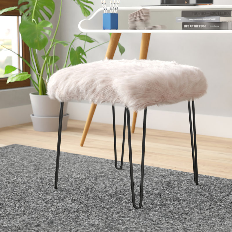 Faux Fur Gray Square Stool Metal Hairpin Legs