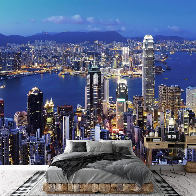 Aerial View Skyscraper Sunset Dusk View Cityscape Landmarks Photography Wallpaper Murals, 66" L x 96" W