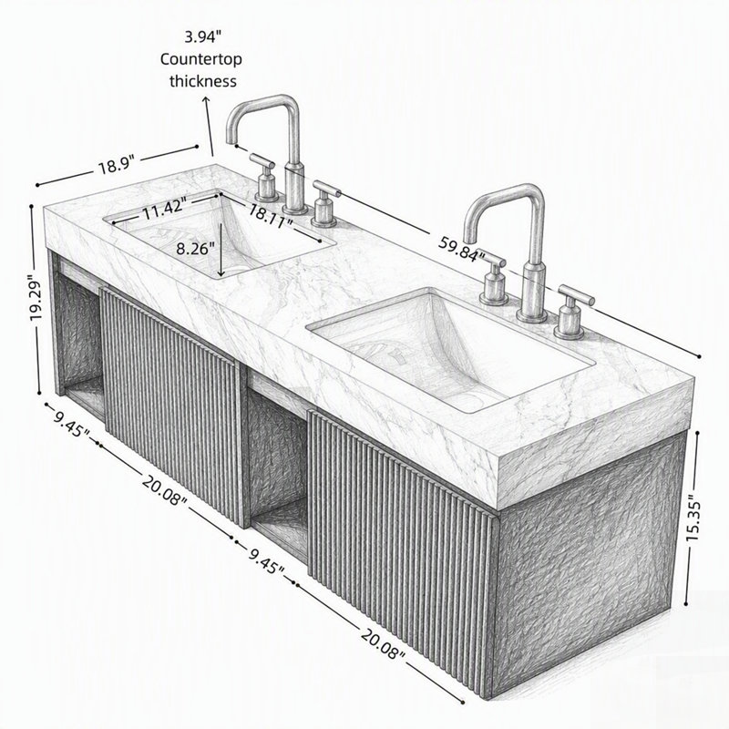 Meuble-lavabo avec comptoir en pierre frittée veinée gris Carrara et 2 lavabos en céramique, armoire de rangement suspendue, couleur noire, démonté