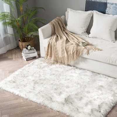 Haja Shag Faux Sheepskin Fur White Fluffy Area Rug with Grey Tips