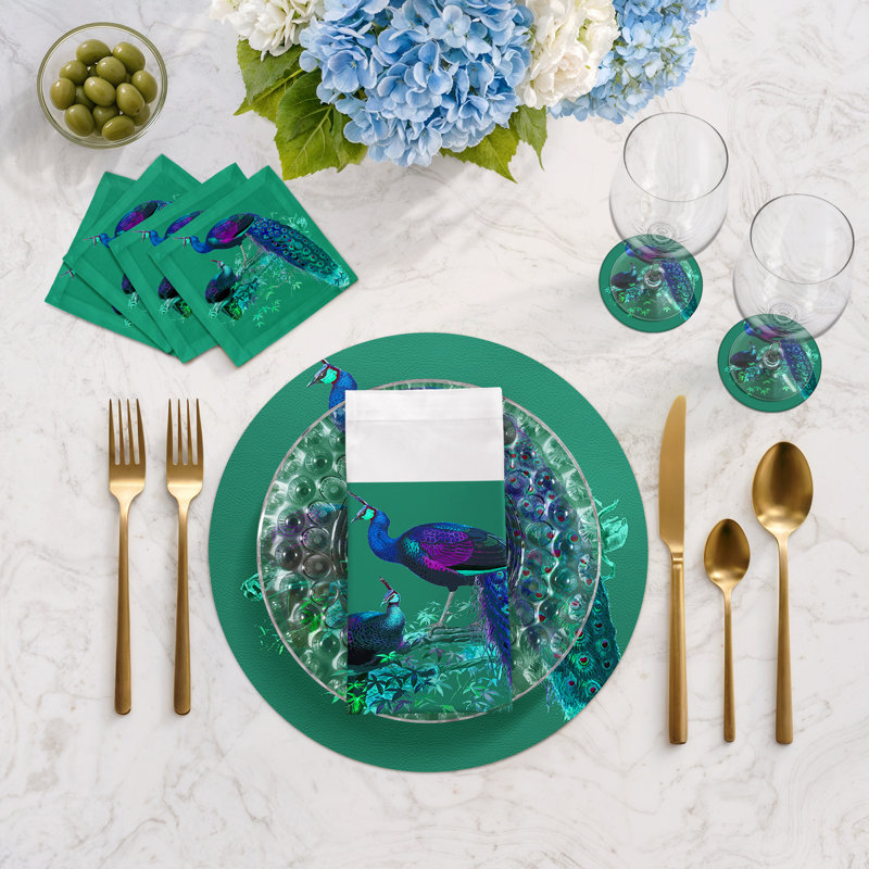 Family Pheasants Pinot Vegan Leather Round Coasters, Peacock