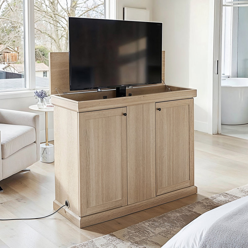 50.4'' W Lifting TV Stand With Motorized Vertical Stand Lift, Natural Wood