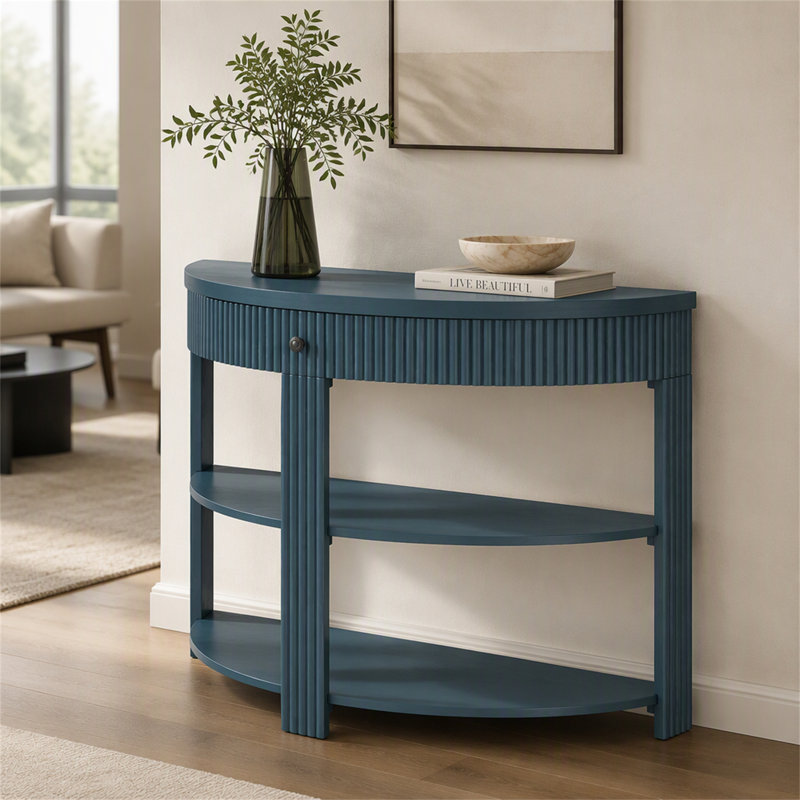 Console cannelée demi-lune avec tiroir et 2 tablettes pour le hall d'entrée, le salon et le couloir, Marine, Marine, Marine