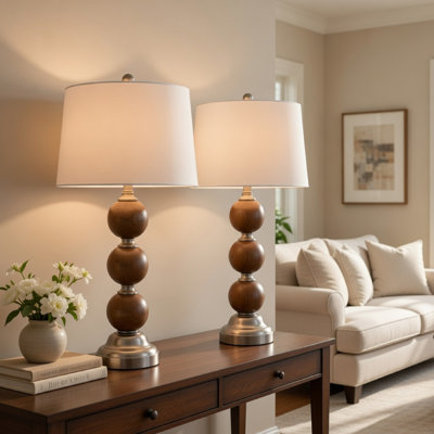 Table Lamp Set Of 2, Off White Shade, Stacked Bead Base, 28In Brushed Steel