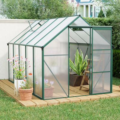 Serre de 6 pi x 6 pi robuste en polycarbonate et aluminium avec base surélevée et ancrages pour une utilisation toute saison dans la cour