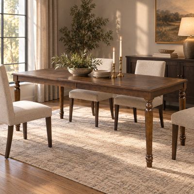 Table de salle à manger rectangulaire en noyer avec plateau en bois et pieds tournés pour la salle à manger et la cuisine