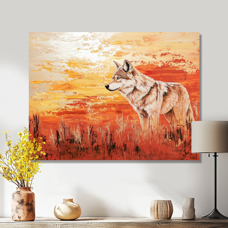Loup au coucher du soleil dans le désert - Décoration murale en métal animaux, loup, H 30 po x l 40 po
