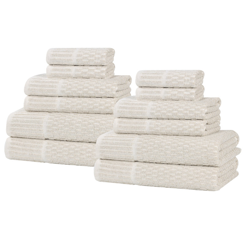 Juno Viscose Cotton Blend Medium Weight Textured Checkered Ribbed Border Towel Set, 12 Piece Towel Set, Beige