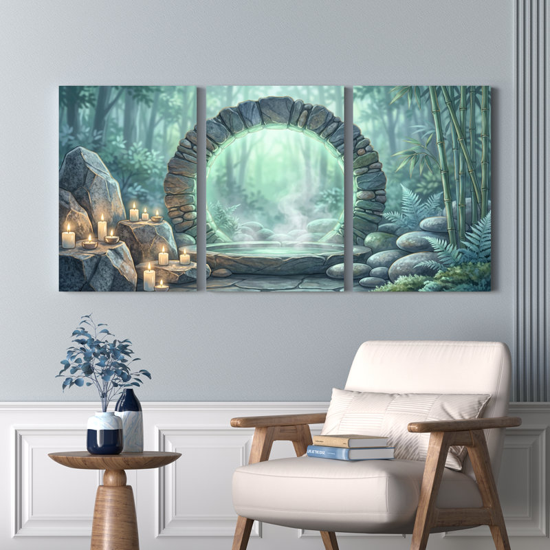 Ensemble de 3 tableaux muraux sur toile représentant une arche forestière avec chandelles et bambou, H 36 po x l 72 po