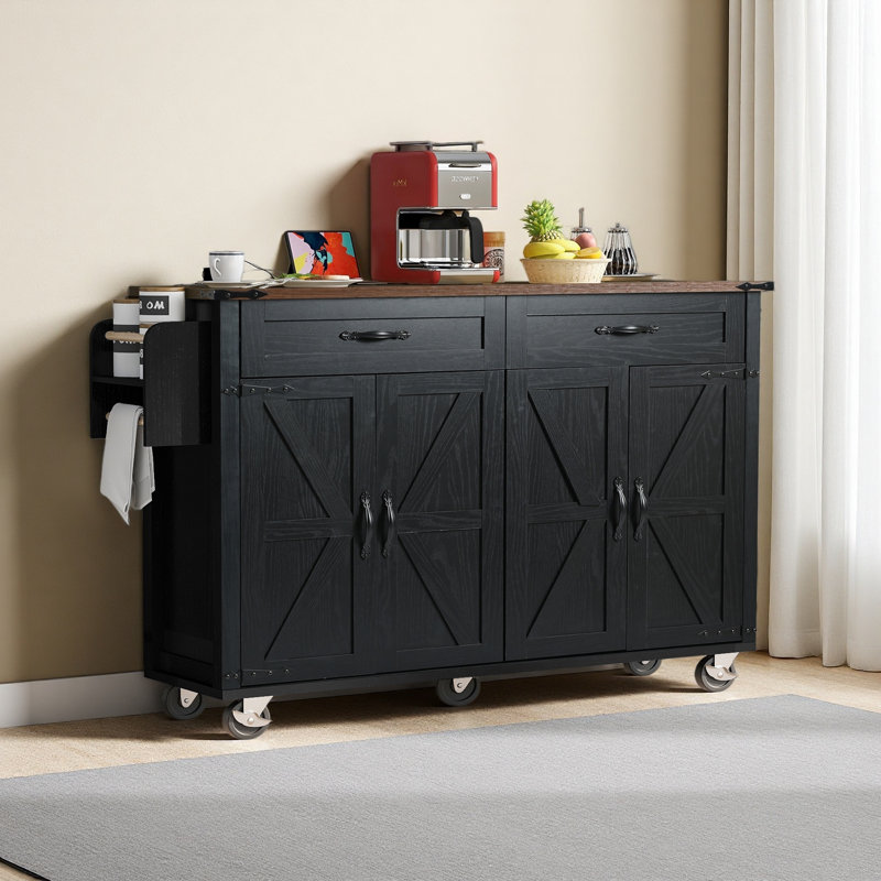 53.5''Farmhouse Kitchen Island With Power Outlet, Kitchen Storage Island With Drop Leaf, Spice Rack And Drawer, Rolling Kitchen Cart On Wheels