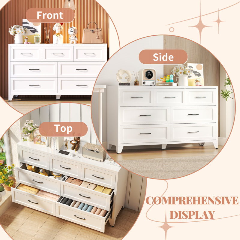 7-Drawer Metal Dresser in White, Modern Tall Storage Cabinet for Bedroom, Living Room, Hallway, or Entryway, White