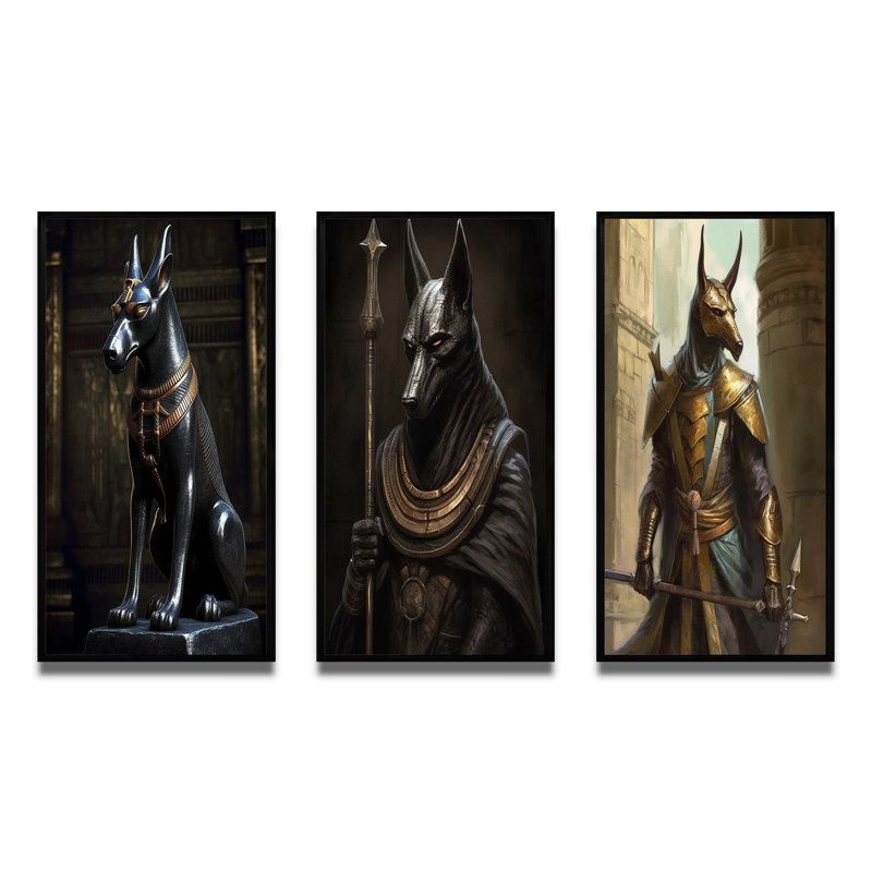 «Vintage Anubis Ancien Egyption Jackal God II», 3 pièces sur toile, Cadre flottant noir, H 32 po x l 48 po