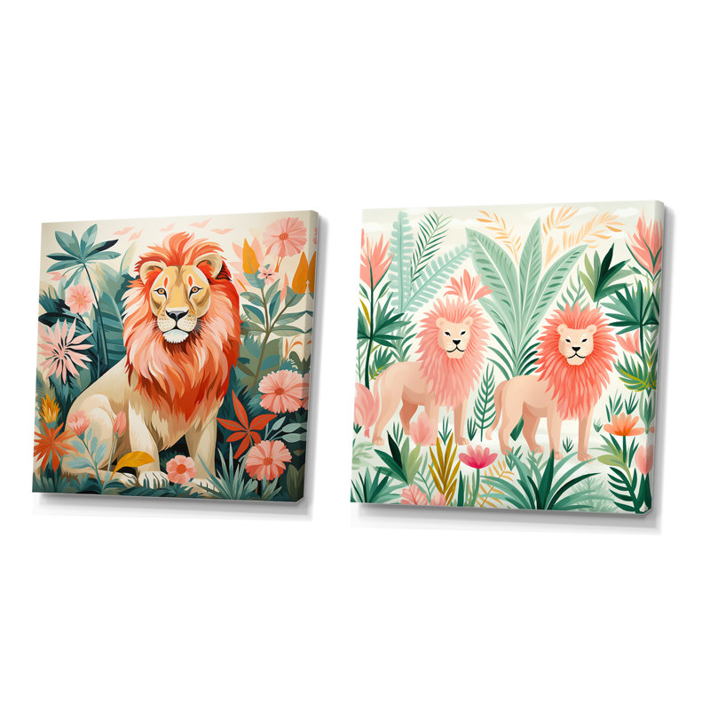 Lion rose et vert dans un motif de forêt I - ensemble de 2 impressions sur toile de lion, Toile tendue