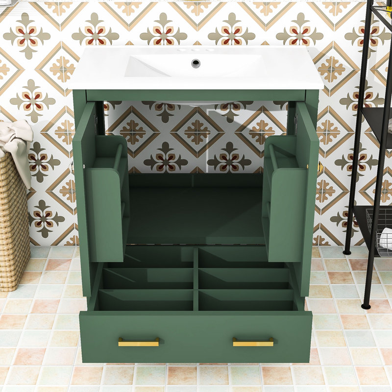 Ordonez Wooden Freestanding Single Bathroom Vanity with Ceramic Sink, Soft Close Doors and Ample Storage, Green