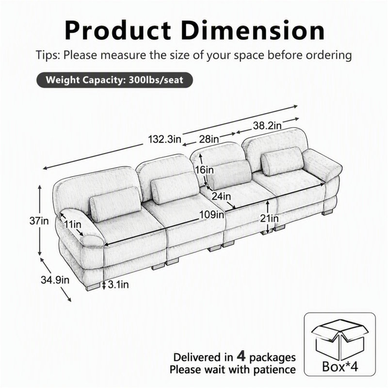 Canapé 4 places Cloud Couch, L 132,3 po, Velours côtelé bleu