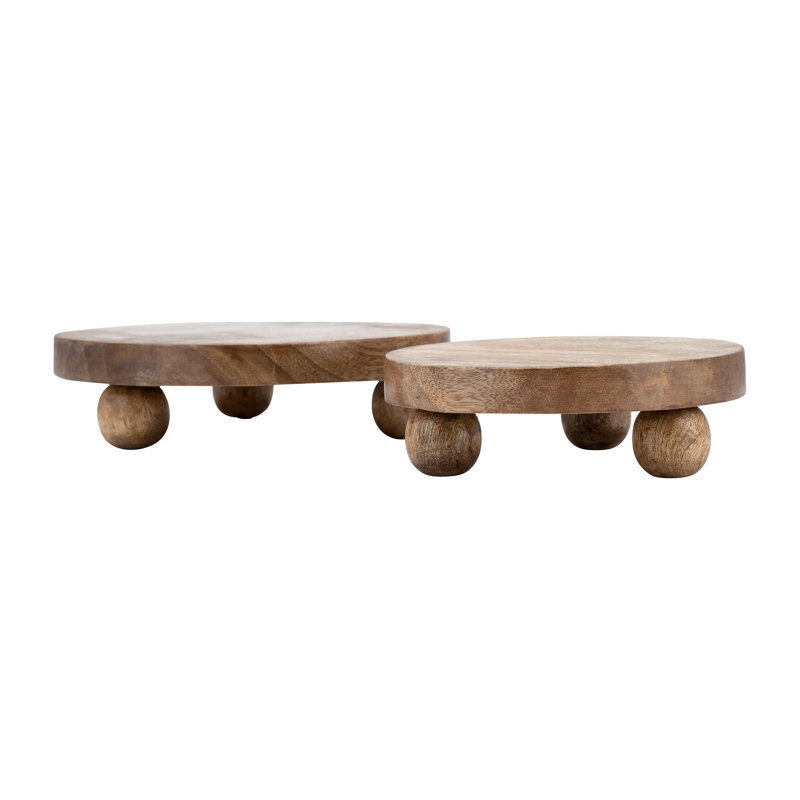 Round Wood Set Of 2 Riser Trays - 10.0" x 10.0" x 3.0", Brown