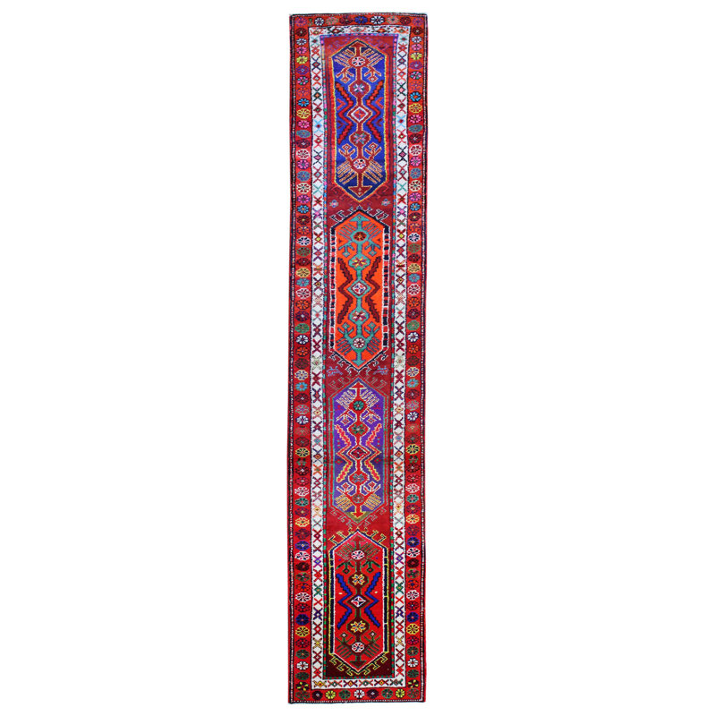 Tapis de couloir rouge unique noué à la main de style années 2000 de 2 pi 8 po x 13 pi 5 po Herki