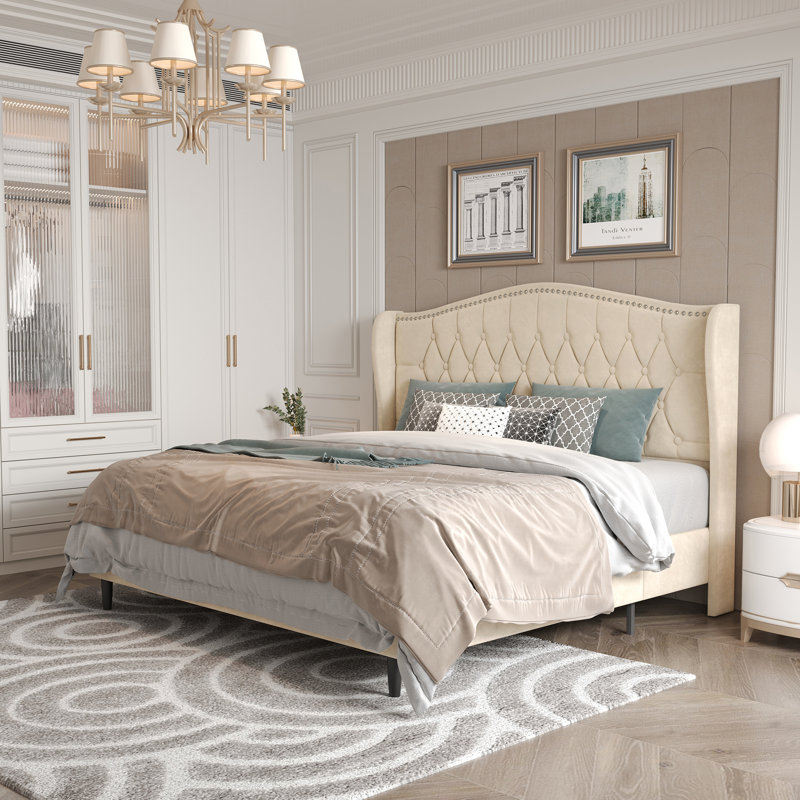 Upholstered Tufted Headboard Bed Wingback Bed, Full / Double, Beige